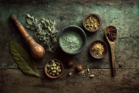Dried herbs, spices, leaves and green powder in bowl, top viewの素材
