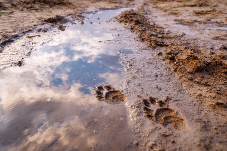 Wet animal paws footprints on muddy ground near water puddle with reflection of cloudy sky. Steps of wild animals, close upの素材