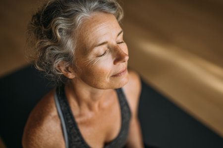 Close-up of an older woman sitting in an indoor meditation pose with closed eyes. Concept of mindfulness, active aging and wellnessの素材