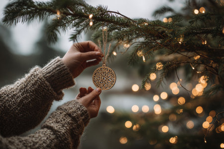 Close-up of a hand hanging a rustic natural ornament on an outdoor Christmas tree branch with festive lights. Concept of winter holidays and handmade decoration.の素材