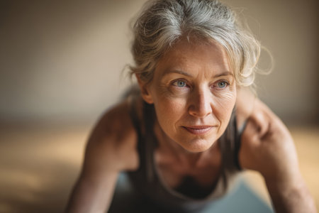 Close-up of an older woman performing an indoor workout exercises at home. Concept of fitness, active aging and wellnessの素材