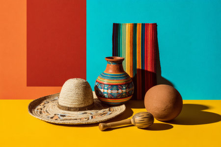 Still life with Mexican pottery, wide brim straw sombrero and bowl of citrus on a colorful geometric background under sunlightの素材