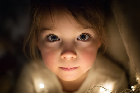 Portrait of child with wide eyes illuminated by holiday lights with reflections on his face. Cloe up of girl looking at cameraの素材