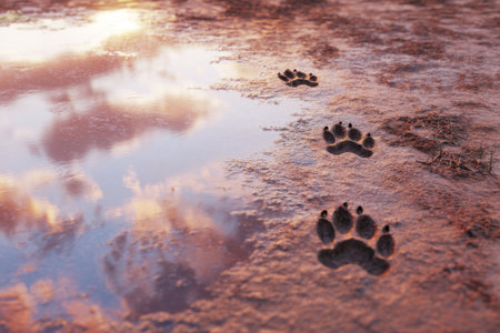 Wet animal paws footprints on muddy ground near water puddle with reflection of cloudy sky. Steps of wild animals, close upの素材