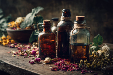 Glass bottles with dried herbs and flowers on a wooden table. Concept of herbal extract and natural remediesの素材