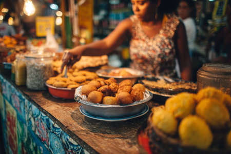 Close up of market vendor serving fried snacks at a street food stall. Concept of local cuisine and traditional street foodの素材