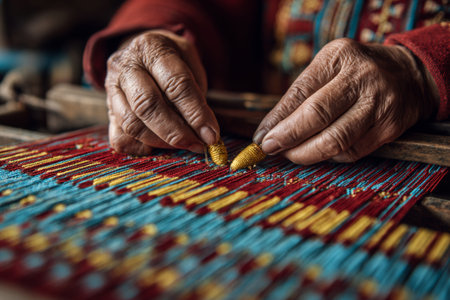 Close-up of older artisan hands weaving a colorful textile on a traditional loomの素材
