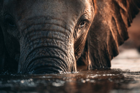 Close-up of elephant drinking water at a natural watering hole. Concept of wildlife, nature and conservation.の素材