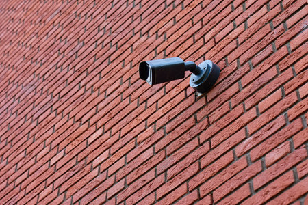 Surveillance camera mounted on a red brick exterior wall. Concept of security, monitoring and urban safety.の写真素材