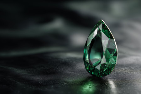 Faceted green emerald gemstone on black reflective surface. Concept of luxury and jewelryの素材