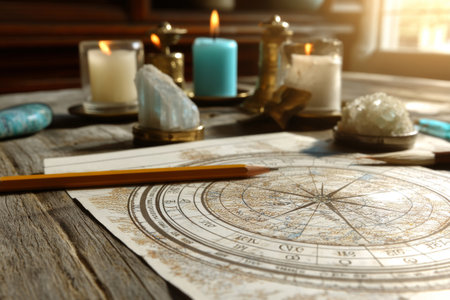 Printed astrology natal chart on wooden table with pencil, crystals and lit candles. Concept of astrology reading, horoscope analysis, spirituality and esotericの素材