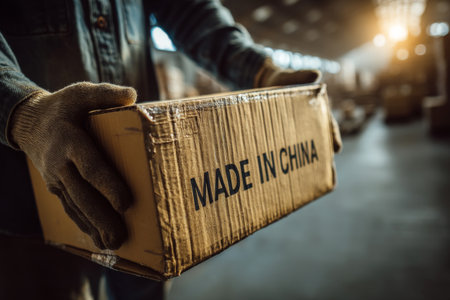Close up of worker hands holding cardboard box with Made in China text in warehouse. Concept of manufacturing, imports, global trade, logistics, tariffs and supply chain.の素材