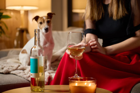 Woman holding glass of white wine while sitting on sofa with dog in living room. Concept of relaxation, cozy evening at home and leisure lifestyle.の写真素材