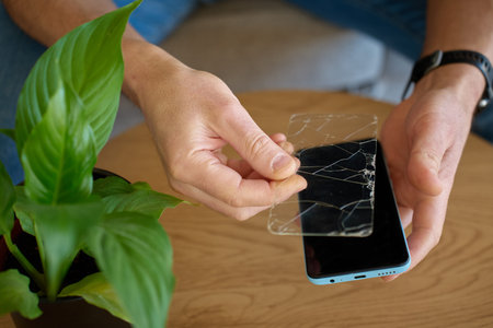 Man holds cracked protective glass screen protector above smartphone on wooden table. Concept of...