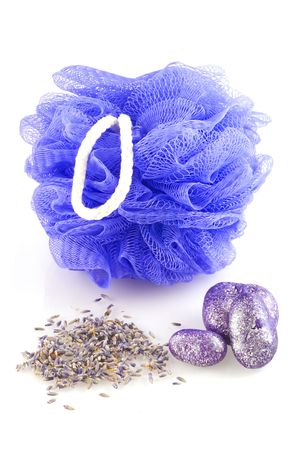 Luxury bathing accessories in purple style isolated on white. の写真素材