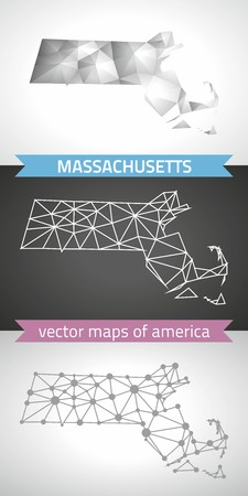 Massachusetts set of gray and silver mosaic 3d polygonal maps. Graphic vector triangle geometry outline shadow perspective mapsのイラスト素材