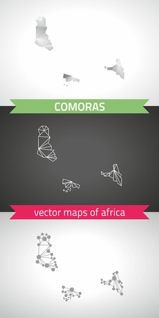 Comoros set of gray and silver mosaic 3d polygonal maps. Graphic vector triangle geometry outline shadow perspective mapsのイラスト素材