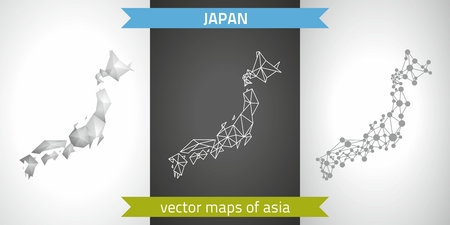 Set of gray and silver mosaic 3d polygonal maps of Japan.のイラスト素材