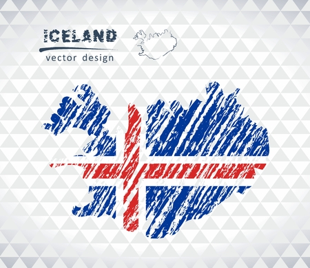 Iceland vector map with flag isolated on white background. Sketch chalk hand drawn illustrationのイラスト素材