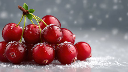 Fresh red cherry fruit with water droplets and sugar crystals on gray surface, creating vibrant and appetizing close up imageの素材