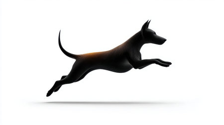 Black dog silhouette jumping in midair with dynamic motion and smooth lines on white background, showing energy and agilityの素材