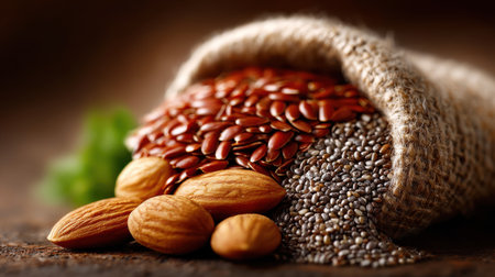 Healthy flaxseed, chia seed, and almond nuts spilling from rustic burlap sack, showcasing natural textures and warm tonesの素材