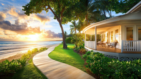 A charming beach house with a wrap-around porch, sitting just steps away from the ocean, surrounded by lush greenery.の素材