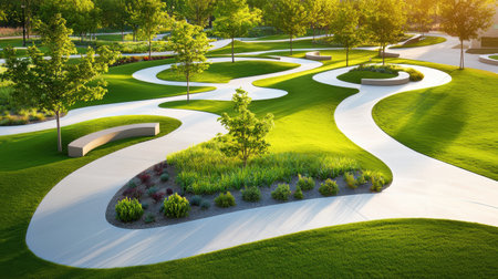 A beautifully designed urban park with winding pathways, manicured lawns, and carefully placed trees and benches, showcasing expert landscape architecture.の素材
