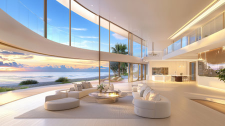 A luxurious oceanfront property with expansive windows, offering breathtaking views of the beach and a modern, open-plan design.の素材