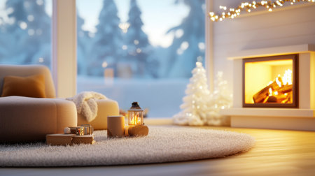 A cozy living room with a crackling fireplace, plush seating, and a soft rug, creating a warm, inviting winter retreat.の素材