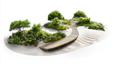 A comprehensive landscape architecture plan for a coastal property, integrating natural dunes, boardwalks, and native vegetation.の素材