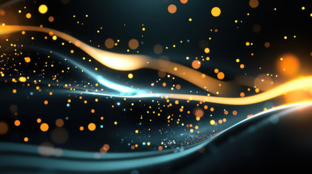 An abstract black background with shimmering light particles, perfect for tech or futuristic-themed designs.の素材