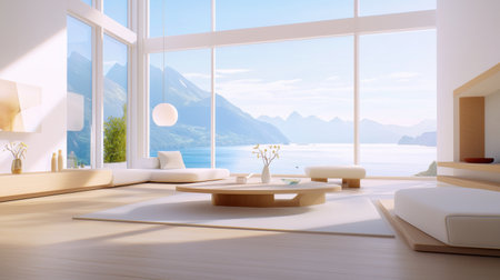 A modern living room with sleek furniture, large windows letting in natural light, and minimalistic decor in neutral tones, creating a cozy yet contemporary space.の素材