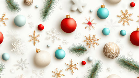 Festive holiday pattern featuring ornaments, snowflakes, and fir branches in a seamless, repeating layout for holiday decor.の素材