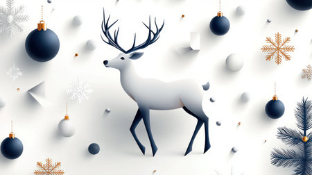 Contemporary Christmas pattern featuring sleek, angular reindeer, stylized snowflakes, and baubles in a cool color scheme.の素材