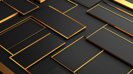 Deep black background with gold geometric lines, offering a sleek and luxurious design for modern, upscale branding.の素材