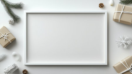 Elegant Christmas frame mockup with a minimalist design, featuring a clean white border and subtle festive details like snowflakes.の素材