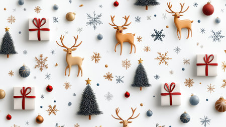 Intricate Christmas pattern filled with reindeer, Christmas trees, and presents, layered on a snowy background, ideal for holiday wrapping paper or cards.の素材