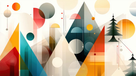 Geometric Christmas pattern with repeating triangles, circles, and diamonds in festive colors, ideal for modern holiday wrapping paper.の素材