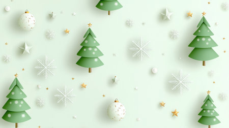 Minimalist Christmas pattern with simple green trees, snowflakes, and stars on a light green background, perfect for modern holiday designs.の素材