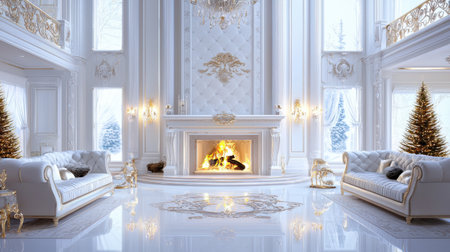Elegant living room with a grand fireplace, surrounded by ornate furniture and luxurious decor, perfect for a winter gathering.の素材