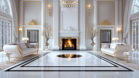 Elegant living room with a grand fireplace, surrounded by ornate furniture and luxurious decor, perfect for a winter gathering.の素材