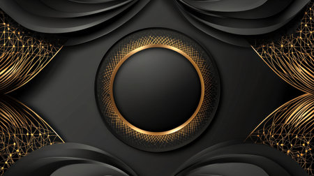 Luxurious black background with gold accents and intricate patterns, creating an opulent look for premium branding or invitations.の素材