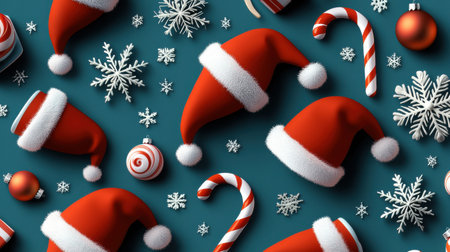 Playful holiday pattern featuring Santa hats, candy canes, and snowflakes, arranged in a whimsical, colorful layout.の素材