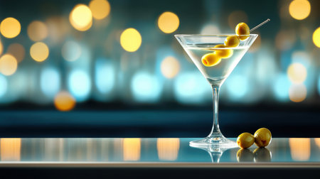 A close-up of a classic martini with olives, served in a chilled glass, set on a sleek bar counter.の素材