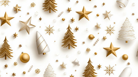 Seamless holiday pattern with a mix of Christmas trees, stars, and snowflakes in gold and white, creating a festive, elegant design.の素材