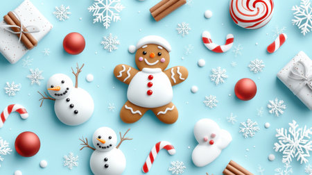 Playful Christmas pattern featuring cartoon-style gingerbread men, snowmen, and peppermint candies arranged in a cheerful layout.の素材