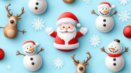 Repeating seamless Christmas pattern with Santa, snowmen, and reindeer on a soft blue background.の素材