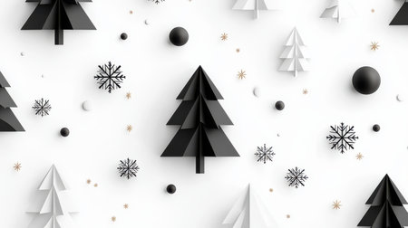 Sleek, minimalist Christmas pattern in black and white, featuring subtle snowflakes and geometric trees.の素材