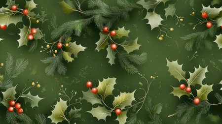 Traditional Christmas pattern with holly, berries, and mistletoe set against a deep green background, evoking a classic holiday feel.の素材